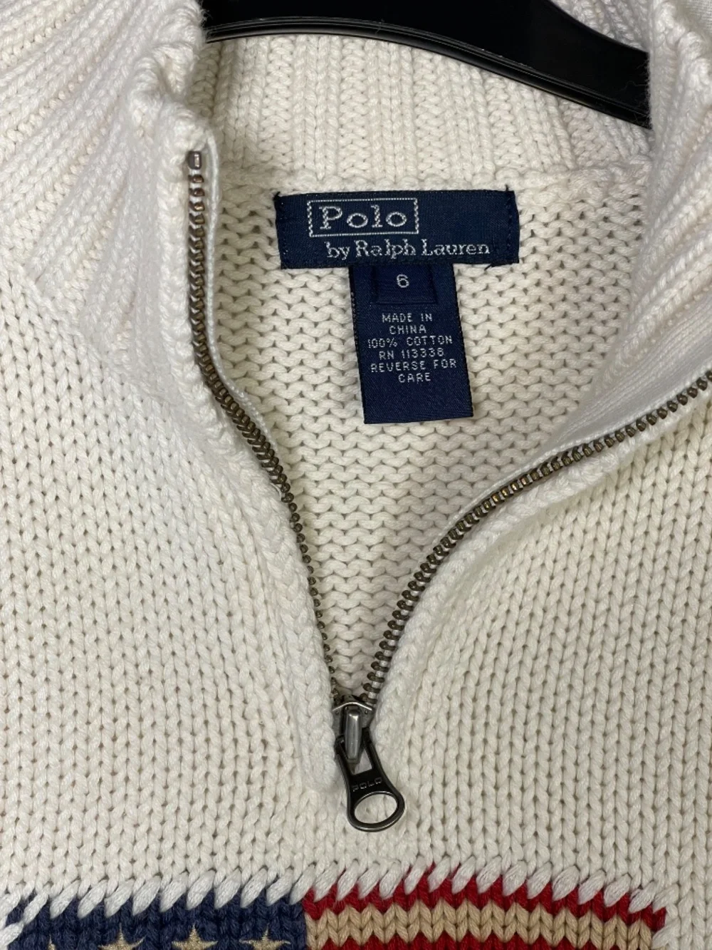 Ralph Lauren Cream Knit Half-Zip Sweater with American Flag